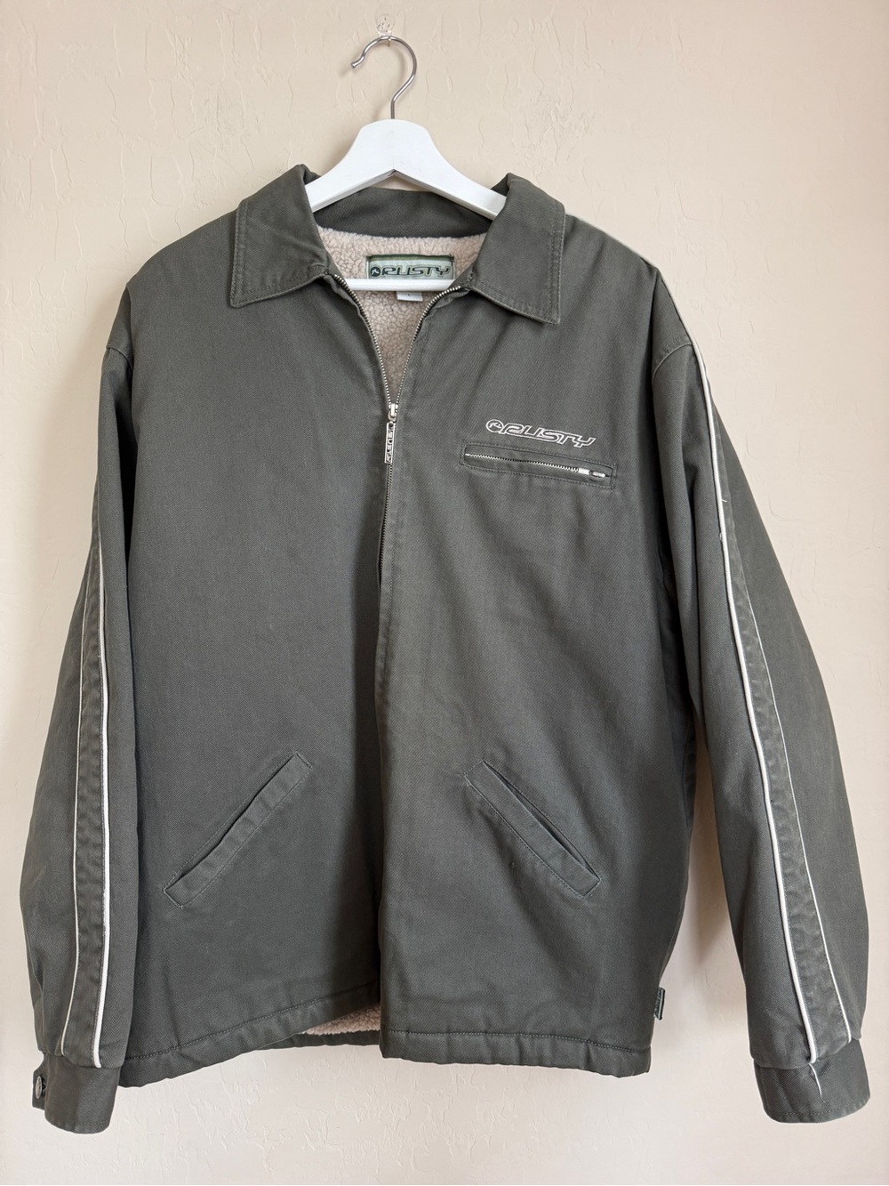 Y2K Rusty Men's Dark Olive Work Jacket Sherpa Lining Industrial Thick Large